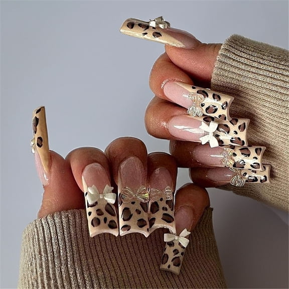 24 Pcs 3D Bows Artificial Nails French Tip Long Square On Nails Leopards Print False Nails