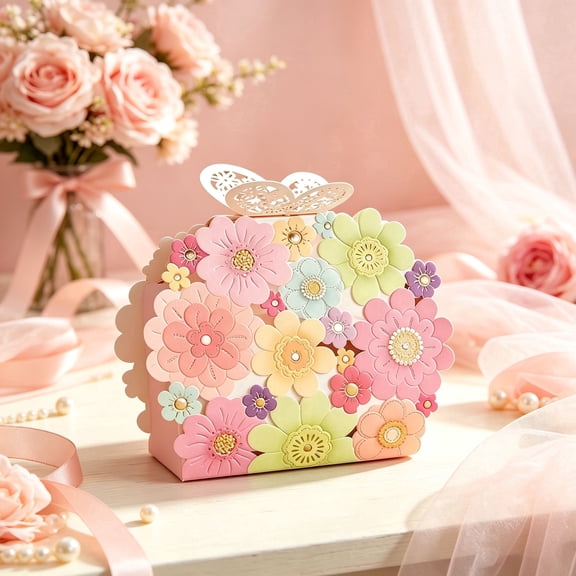 24 Pcs 3D Floral Favor Boxes with Gold Hollow Butterfly Bow 10x8x7.5cm(3.93x3.14x2.95in) - Colorful Paper Gift Packaging Boxes for Weddings, Bridal Showers, Baby Showers & Party Favors