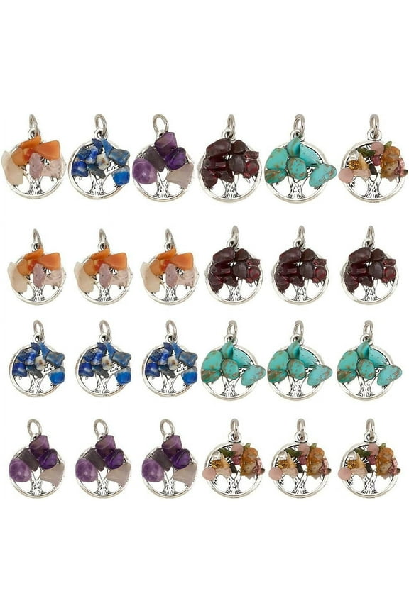 24 Pcs 4 Sets Tree of Life Gemstone Charms Silver Flat Round with Tree Charm