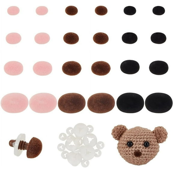 24 Pcs 4 Sizes Flocking Safety Noses 3 Colors Plastic Oval Crafting Noses Teddy Bear Noses Making Supplies False Puppy Nose for Stuffed Animals Making for DIY
