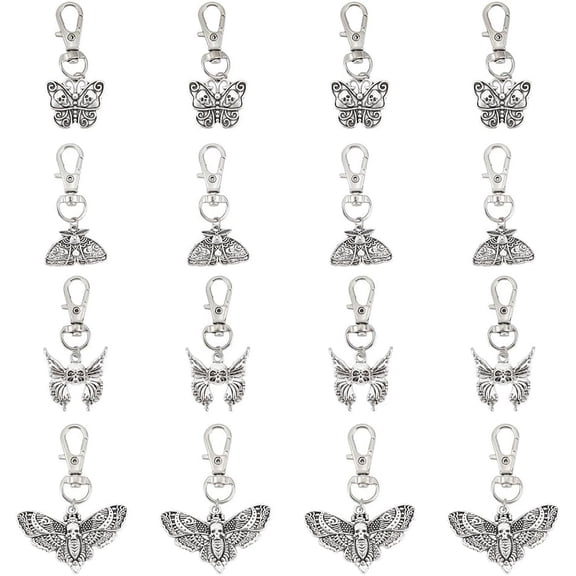 24 Pcs 4 Styles Butterfly Keychains Punk Charm Pendants Alloy Gothic Butterfly Hanging with Swivel Clasps Purse Pendants