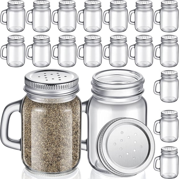 24 Pcs 4 oz Glass Salt and Pepper Shakers Clear Mason Jar Mini for Farmhouse Kitchen with Metal Lid Handles Table Drinkware Home Accessories(Silver)