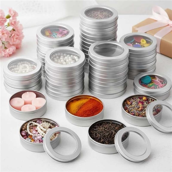 24 Pcs 4 oz Metal Tin Cans Small Round Tin Container Cans with Clear Lid Spice for Kitchen Office Home Candle Storage Cosmetic Sample Travel Salve Cream