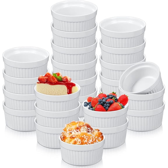 24 Pcs 4 oz Ramekins Creme Brulee Dishes Oven Safe Classic Porcelain Ramekins Set for Baking, Creme Brulee, Souffle, Appetizer, Custard, Pudding, Dipping Bowl, White