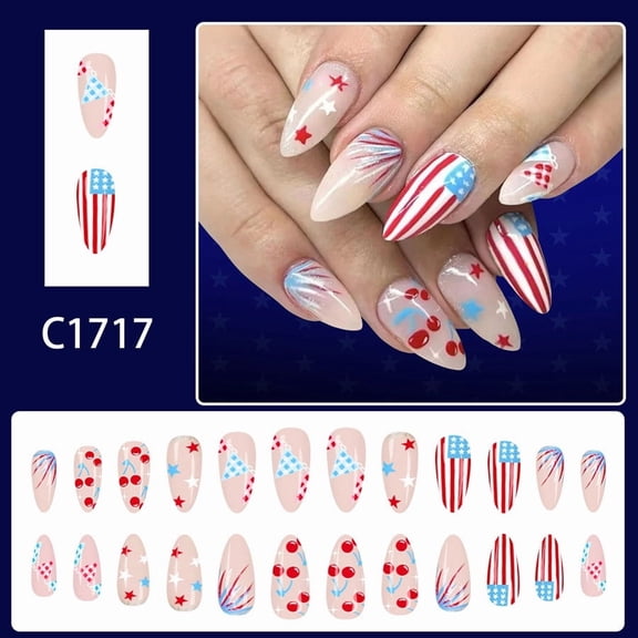 24 Pcs 4th of July Press on Nails - Patriotic Flag Fake Nails with Star Designs Short Glue on Nails for Women Independence Day Memorial Day Decor - Acrylic Reusable Nail Set for Holiday Party