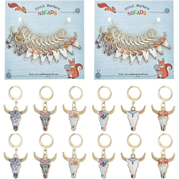 24 Pcs 6 Colors Ox-Head Stitch Markers, Alloy Enamel Crochet Stitch Marker Charms 304 Stainless Steel Clasp Locking Stitch Marker for Knitting Weaving Sewing Jewelry Making