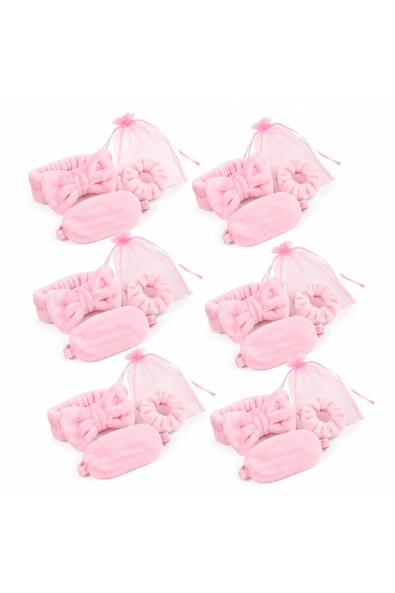 24 Pcs 6 Sets Spa Party Favor Set, Pink Hair Accessories Gift Bundle with Headband, Bow Headband, Hair Tie and Organza Bag, Bridesmaid Gifts, Sleepover and Beauty Party Supplies