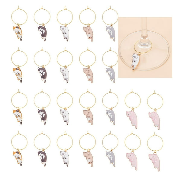 24 Pcs 6 Styles Cat Wine Charms Flat Brass Cat Wine Markers Animal Drink Identifier with Alloy Glass Charms Wine Drinker Gift for Wine Tasting Party Favors Wedding Holiday Birthday DIY Golden