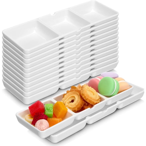 24 Pcs 8.7 x 2.8 Inch 3 Compartment Appetizer Serving Tray Plastic 3 Section Dessert Platters Rectangular Divided Plate White Compartment Serving Dishes Dipping Sauces Dinner Kitchen