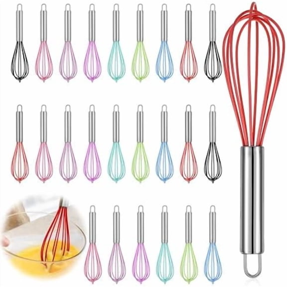 24 Pcs 8 Inch Whisks Bulk for Cooking, Silicone Whisks Non Scratch Stainless Steel Hand Whisk Large Coated Metal Heat Resistant Egg Beaters for Cooking