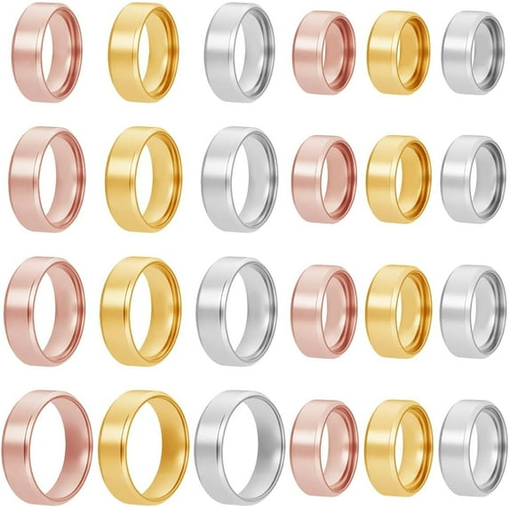 24 Pcs 8 Sizes Stainless Steel Blank Rings 3 Colors Plain Inlay Finger Rings Wedding Band Ring Blank for Handmade Jewelry Making Gift 0.63-0.91inch Colorful