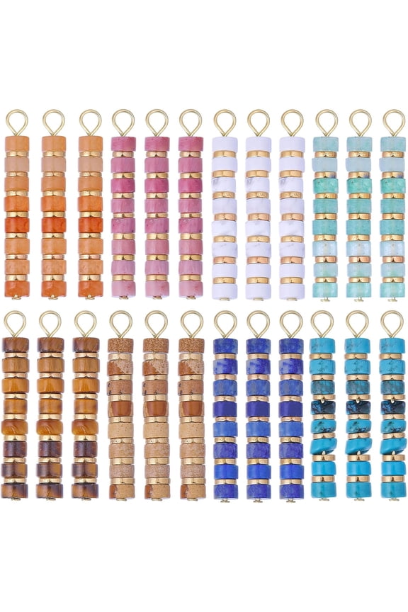 24 Pcs 8 Style Natural Gemstone Charm Colorful Gemstone Pendant Column Gemstone Charms for Bracelet Necklace Earring Jewelry Making Golden