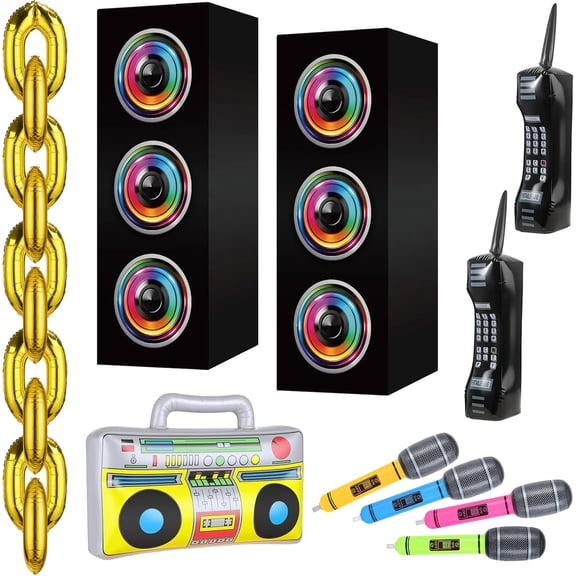 24 Pcs 80s 90s Party Decorations Kit Large Paper Boombox Boxes Inflatable Radio Boombox Mobile Phone Microphone Foil Chain Balloons Props for Disco Retro Music Theme Hip Hop Birthday Supplies