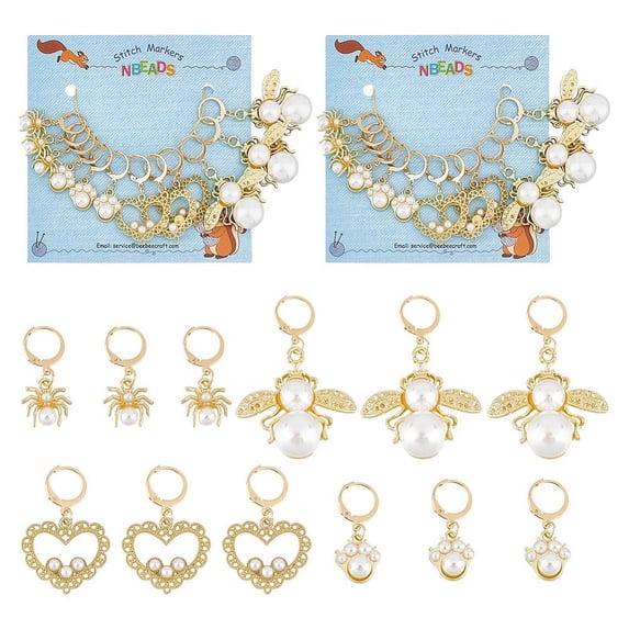 24 Pcs Acrylic Pearl Stitch Markers Rhinestone Bee/Heart/Alloy Crochet Marker Charms Removable 304 Stainless Steel Clasps Locking Stitch Marker for DIY