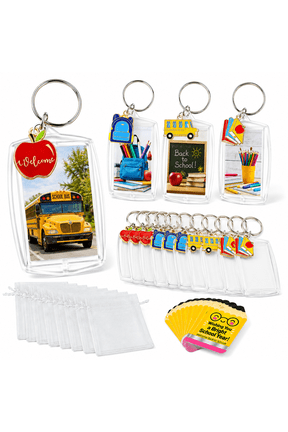 YHH 24-Pack Clear Acrylic Photo Insert Keychain with Split Ring, 4 School Charm Designs, Gift Tags and Organza Bags for Back to School Keepsakes,