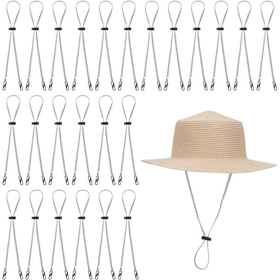 24 Pcs Adjustable Light Gray Nylon Cap Retainer Windproof Cap Rope Removable Chin Cords Flexible Caps Strap Clips Anti Lost Hat Strap Holder for Fishing Golfing Boating Sailing Sun Hat