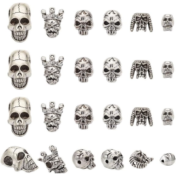 24 Pcs Alloy Beads 6 Styles Silver Tibetan Style Beads Devil Head Beads Gothic Punk Style Loose Spacer Beads for Jewelry Bracelet Making