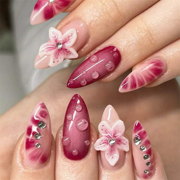 24 Pcs Almond Shape 3D Flowers False Nails Rhinestones Acrylic Nails Glossy Full Covers on Nails