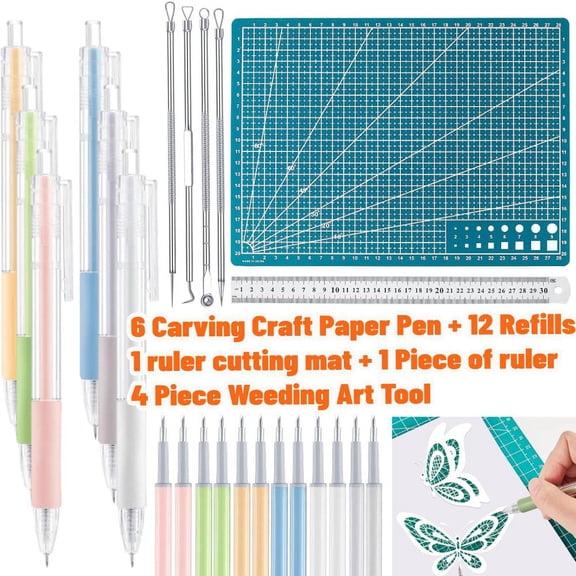 24 Pcs Art Cutting Tools Kit, 6 Carving Craft Paper Pen Cutting Tool+ 12 Refills, 4 Weeding Art Tool, Double Sided Cutting Mat + Ruler, for DIY Project Art Hobby
