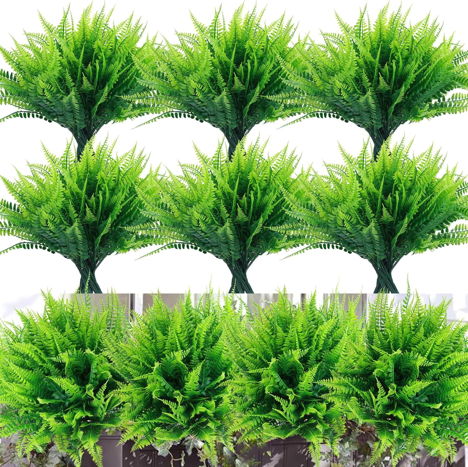 24 Pcs Artificial Boston Ferns for Outdoors UV Resistant Greenery Stems Faux Shrubs Plants for Garden Front Porch Table Window Box Home Decorations