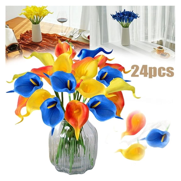 24 Pcs Artificial Calla Lily Flowers Real Touch Yellow Blue Orange Lily Flowers Faux Realistic Flowers Bouquets for Home Decor Tabletop Centerpieces Living Room Weddings Party Decoration