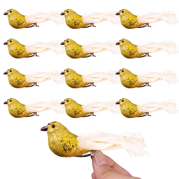 24 Pcs Artificial Christmas Glitter Birds Simulation Birds Feather Mini Bird Decorative Fake Birds for Christmas Tree Craft Home Ornaments Garden Wedding Decoration (Gold)