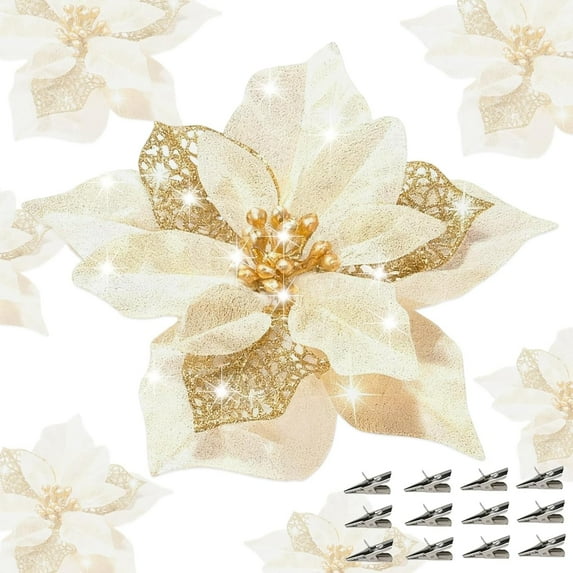 24 Pcs Christmas Poinsettia Flowers Artificial with Clips, 5.9" Christmas Decor Glitter Poinsettia Flowers for Christmas Tree New Year Wedding Party Wreath DIY Garland Decor (Gold)