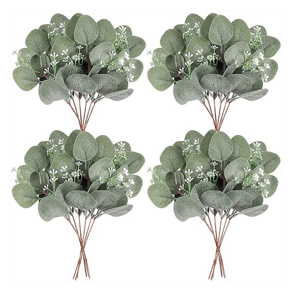24 Pcs Artificial Eucalyptus Stem Branches Round Eucalyptus Leaf With White Flower Decor Artificial Wedding Decor Plant