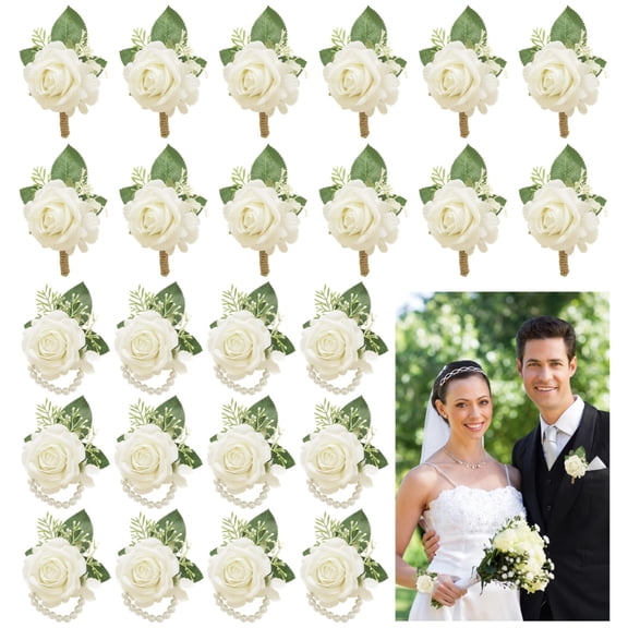 24 Pcs Artificial Flower Set, Wedding Wrist Corsage and Wristlet Collection, 12 Elegant Artificial Roses with 12 Matching Wristlets, Ideal for Formal Events and Celebrations, Realistic Plastic