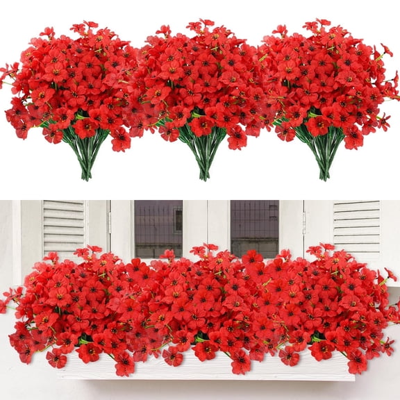 simeccom 24 Bundles Artificial Flowers Outdoor,Faux UV Resistant Fake Flowers Fake Plastic Plants Flower for Spring Summer Decoration for Outside Home Patio Garden Decor,Red