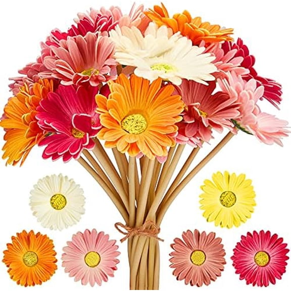 24 Pcs Artificial Gerbera Daisies Flowers 15 in Pink and Orange Fake Daisy Bouquet with Flexible Stems Boho Faux Wildflower for Wedding Bridal Groovy Party Home Kitchen Decor, 6 Colors