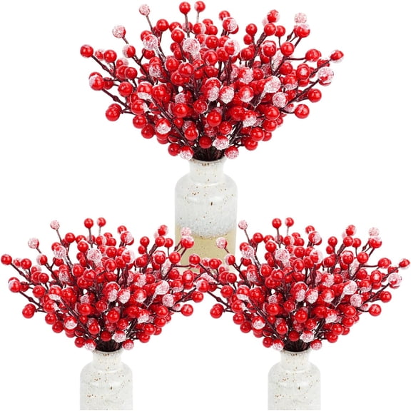 24 Pcs Artificial Holly Berry Stems, 8.2in Frosted Red Berry Stems Picks for Christmas Tree DIY Supplies, Xmas Garland Decor Home Table Centerpiece Decoration