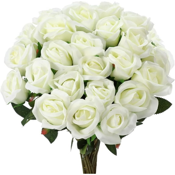 24 Pcs Artificial Roses Flowers Realistic Silk Rose Long Stem White Flowers White Roses Fake Red Silk Rose Bouquet Artificial Wedding Bouquet for Home Decor Centerpiece Party (Red)