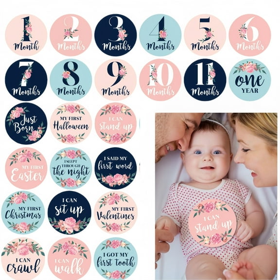 24 Pcs 4×4 inch Baby Monthly Milestone Stickers 0-12 Months, Newborn Photo Blanket, Holiday & Skills Stickers, Matte & Waterproof