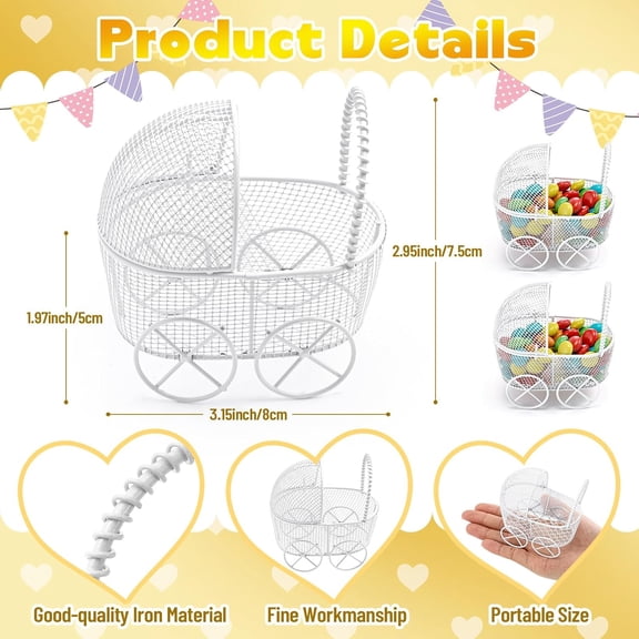 24 Pcs Baby Shower Mini Carriage Decoration White Goose Color Metal Wired Fillable Candy Stroller Baby Shower Table Centerpiece for Guest Gender Reveal Wedding Party Favor Gift