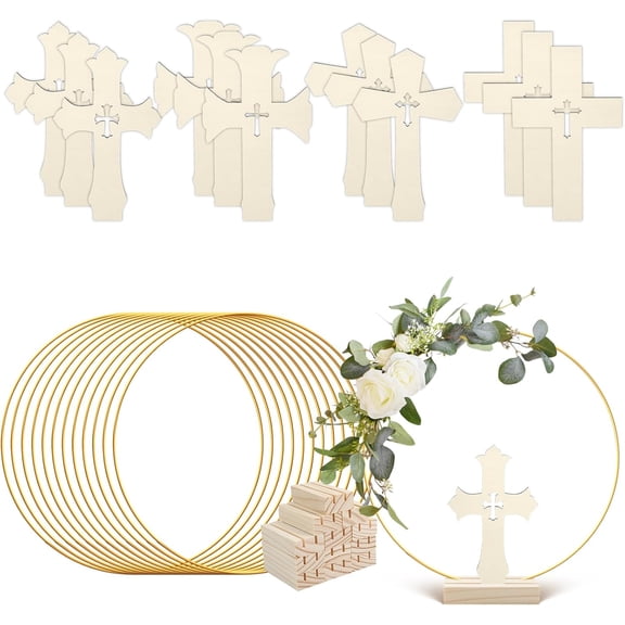 24 Pcs Baptism Centerpiece Decoration for Tables First Communion 12 Standing Wood Crosses for Craft 12 Metal Floral Hoop Centerpiece with Stand for Party Wedding Home Decor