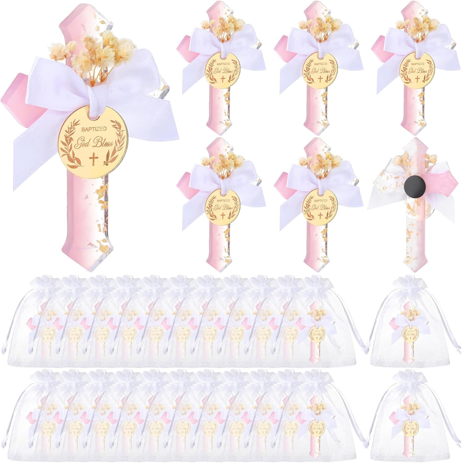 24 Pcs Baptism Favors for Guests Epoxy Cross Fridge Magnets First Communion Cross with Flower Christian Souvenirs Gift for Baptism Christening Baby Shower Party Family Gathering (Pink)