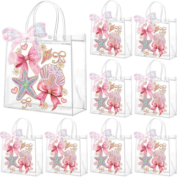 24 Pcs Beach Party Favor Pink Bow Seashell Clear PVC Gift Bags with Handles and Ribbon Reusable Plastic Starfish Seashell Goodie Candy Treat Bags for Summer Birthday Party Supplies