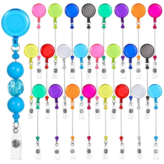 24 Pack DIY Beadable Badge Reels - Retractable ID Card Holders with Clips for Nurses, Teachers & Office, Assorted Colors