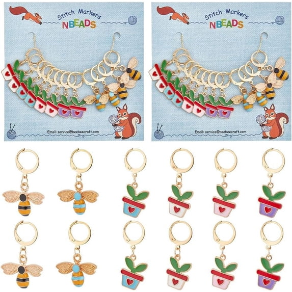 24 Pcs Bee Potted Plants Stitch Markers Alloy Enamel Crochet Stitch Marker Charms 304 Stainless Steel Clasp Locking Stitch Marker for Knitting Weaving Sewing Jewelry Making HJEW-AB00042-US6 for DIY