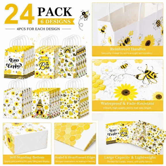24 Pcs Bee Themed Paper Gift Bags with Handles,Ideal for Holding Candy Treats,Yellow Portable Honey Bee Goodie Bags with Cute Daisy Printed for Birthday Baby Shower Bee Theme Celebrations