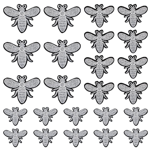 24 Pcs Bees Embroidered Patches 3 Sizes Silver Bees Iron on Cloth Applique Bee Computerized Embroidery Sewing Patch Bee Embroidered Patches Clothing