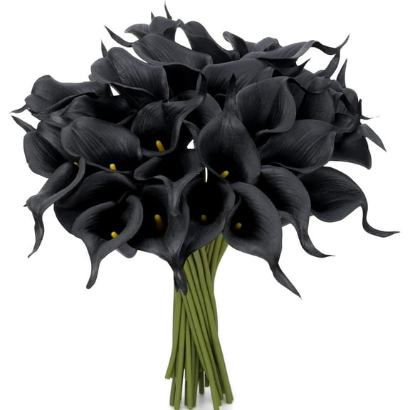24 Pcs Black Artificial Calla Lily Flowers Fake Black Silk Flowers Real Touch for Wedding Bouquet Office Home Kitchen Decor