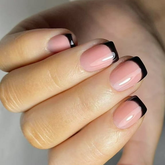 24 Pcs Black French Tip Press On Nails Short Square False Nails Simple Acrylic Nails Glossy Full Covers On Nails
