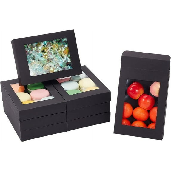 24 Pcs Black Gift Box Fold Paper Boxes Cookie Boxes Bakery Boxes Kraft Treat Boxes with Window 5.7x4.1x1 for Party Favor Treats Bakery and Jewelry Packaging