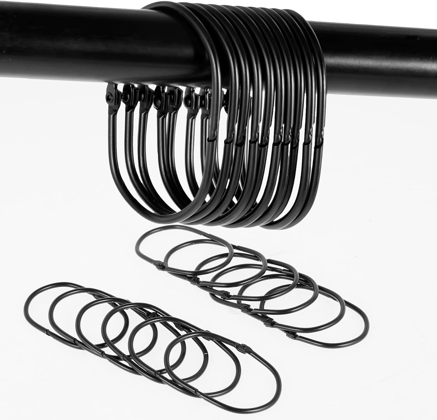24 Pcs Black Shower Curtain Hooks, Shower Curtain Rings, Rust Proof Metal Snap Closure Oval Shower Hooks for Bathroom, Shower Rods, Standard Size Fit Curtain Rod up to 1.3 in