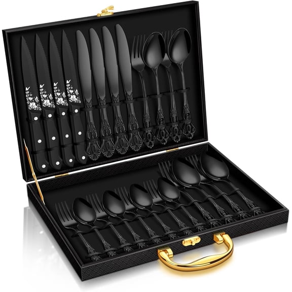 24 Pcs Black Silverware Set with Gift Box, Gorgeous Retro Royal Silverware Set for 4, Stainless Steel Mirror Flatware Cutlery Set for Home Party Wedding, Dishwasher Safe Utensils Set