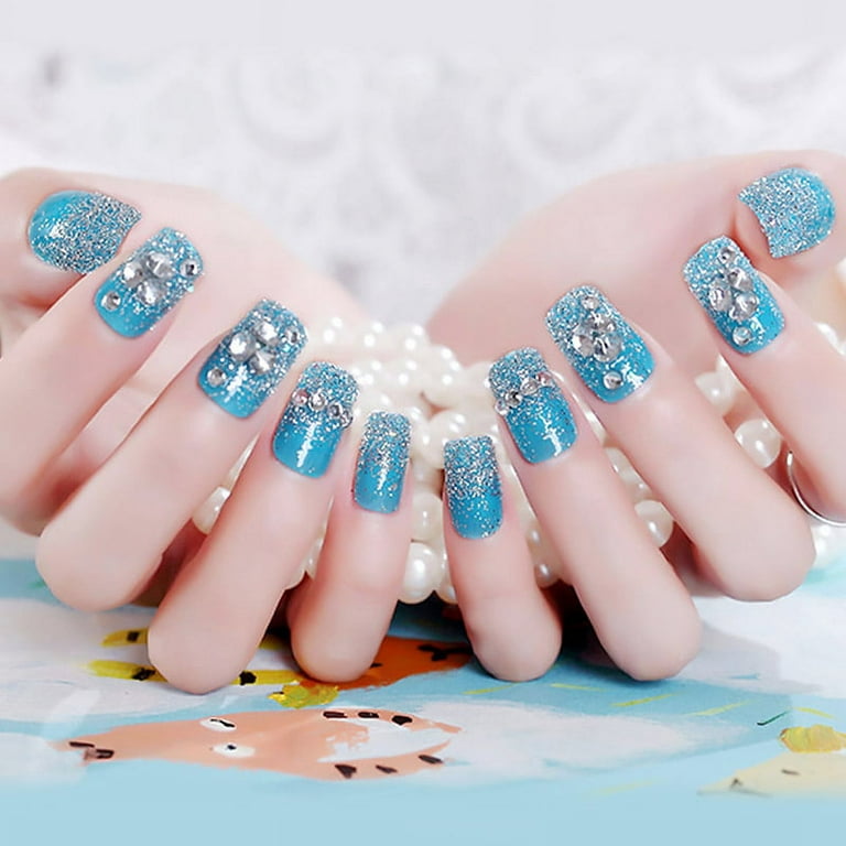 24 Pcs Blue Bling Shining Glitter Big Diamond Rhinestone Decor Nail Tips  Blue Fake Nails