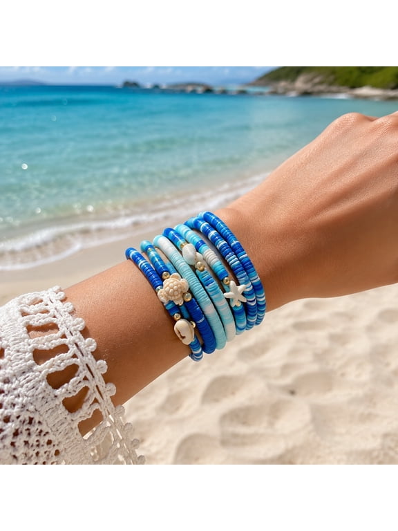 24 Pcs Blue Polymer Clay Beaded Bracelets, Boho Beach Style Elastic Bracelets with Sea Turtle Starfish Shell Charms for Women and Men, Summer Vacation Jewelry, Party Favors and Holiday Gifts