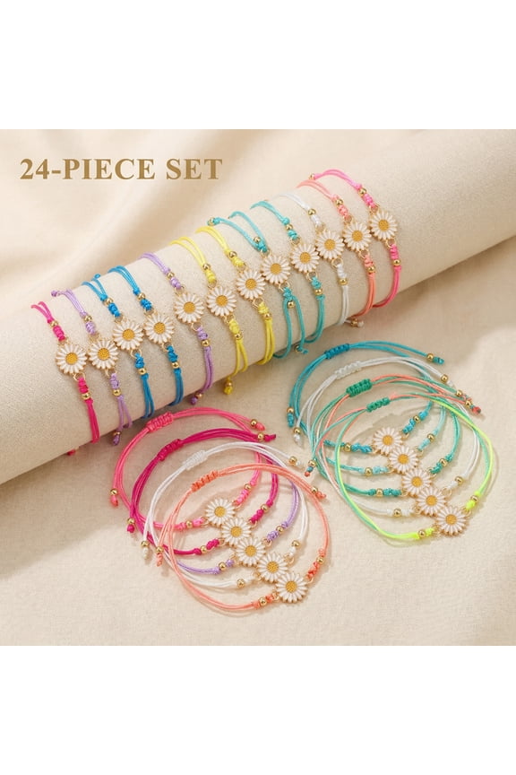 24 Pcs Bohemian Flower Bracelets Set, Sunflower Daisy Adjustable Cord Bracelets for Women, Colorful Layered Jewelry for Beach Party Wedding Birthday Gift, Weddings,Mother's Day